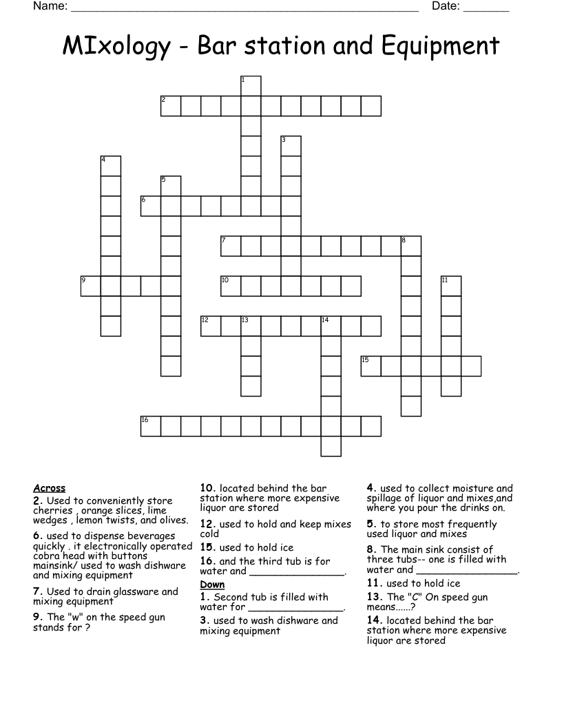 MIxology - Bar station and Equipment  Crossword