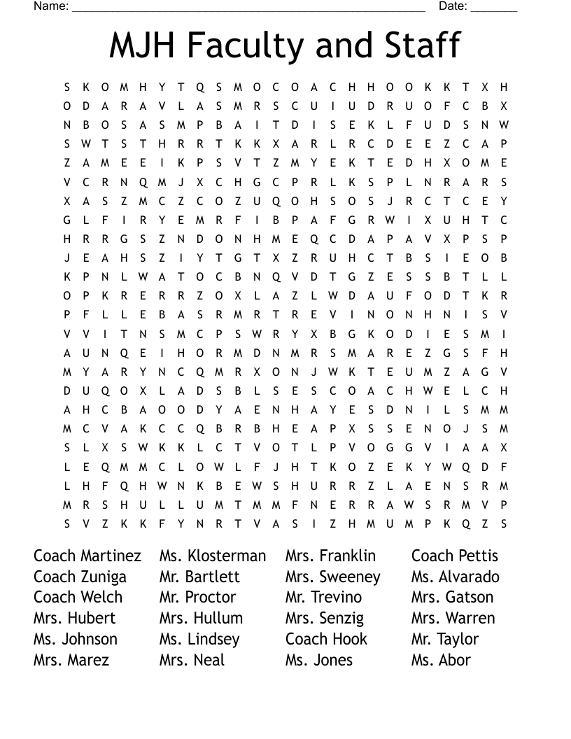 MJH Faculty and Staff Word Search