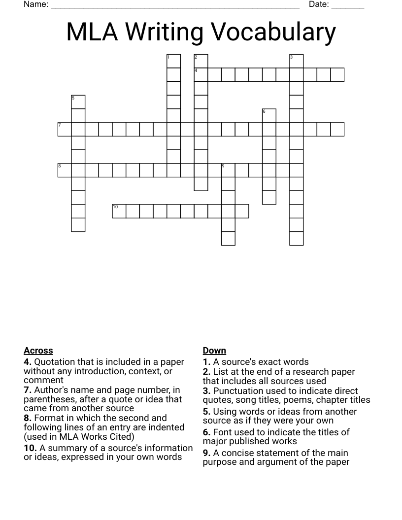 MLA Writing Vocabulary Crossword