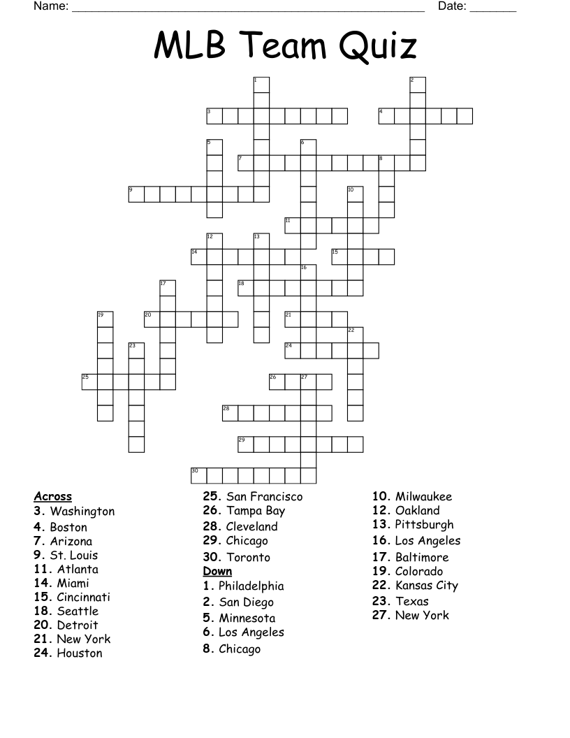 MLB Team Quiz Crossword