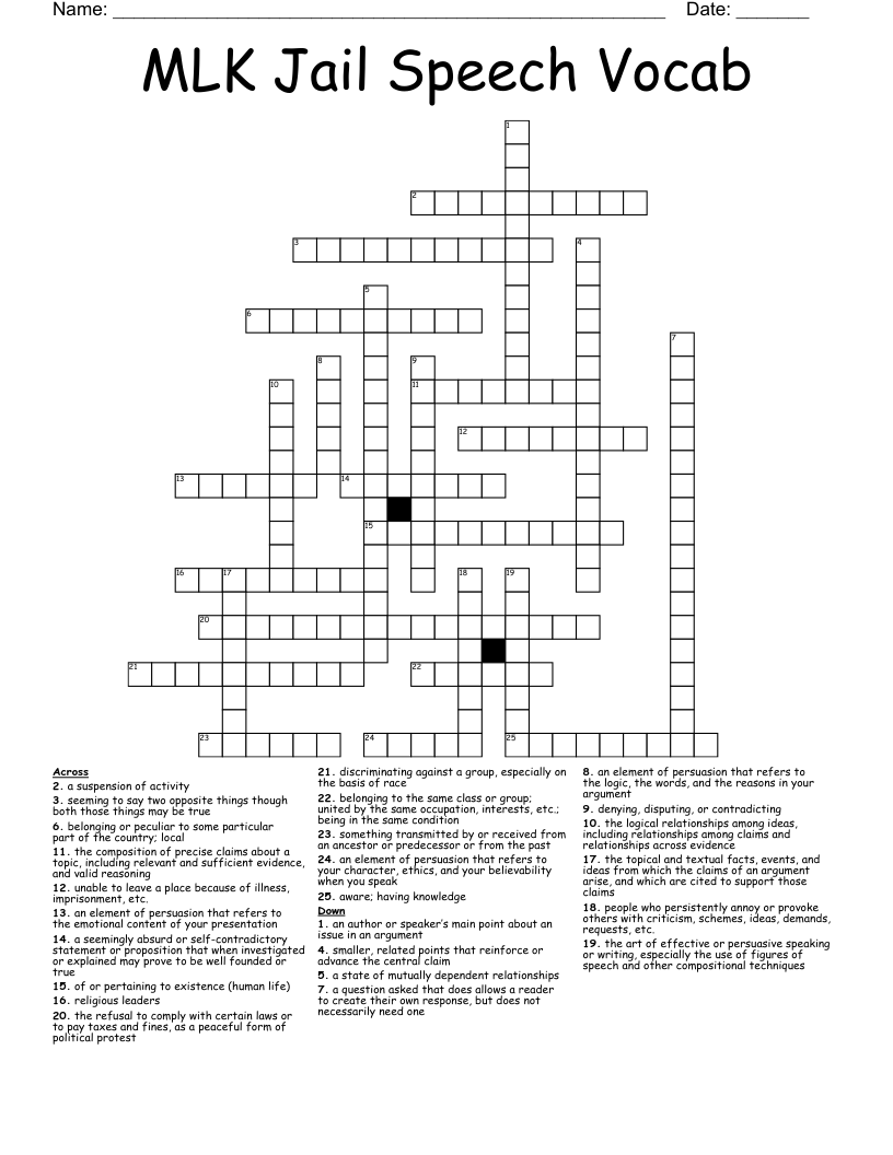 MLK Jail Speech Vocab  Crossword