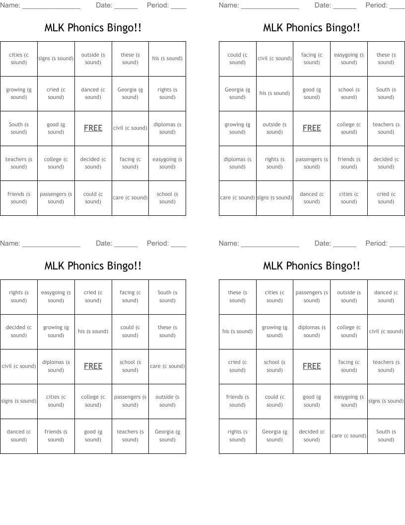MLK Phonics Bingo!!