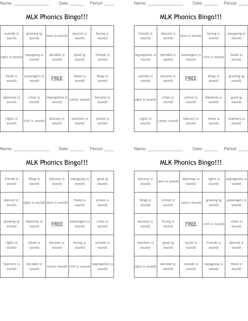 MLK Phonics Bingo!!!