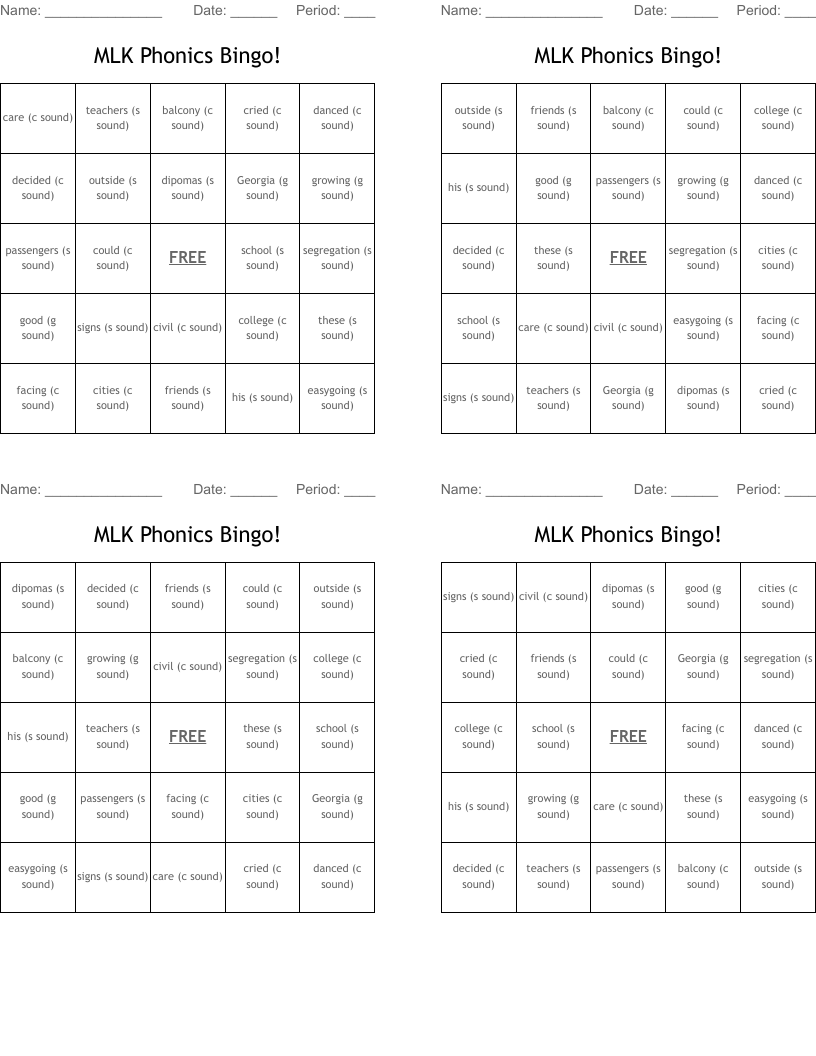 MLK Phonics Bingo! 