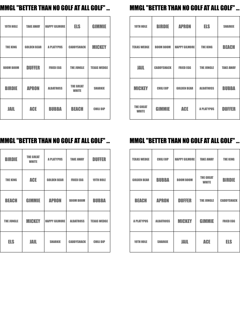 MMGL "BETTER THAN NO GOLF AT ALL GOLF" BINGO
