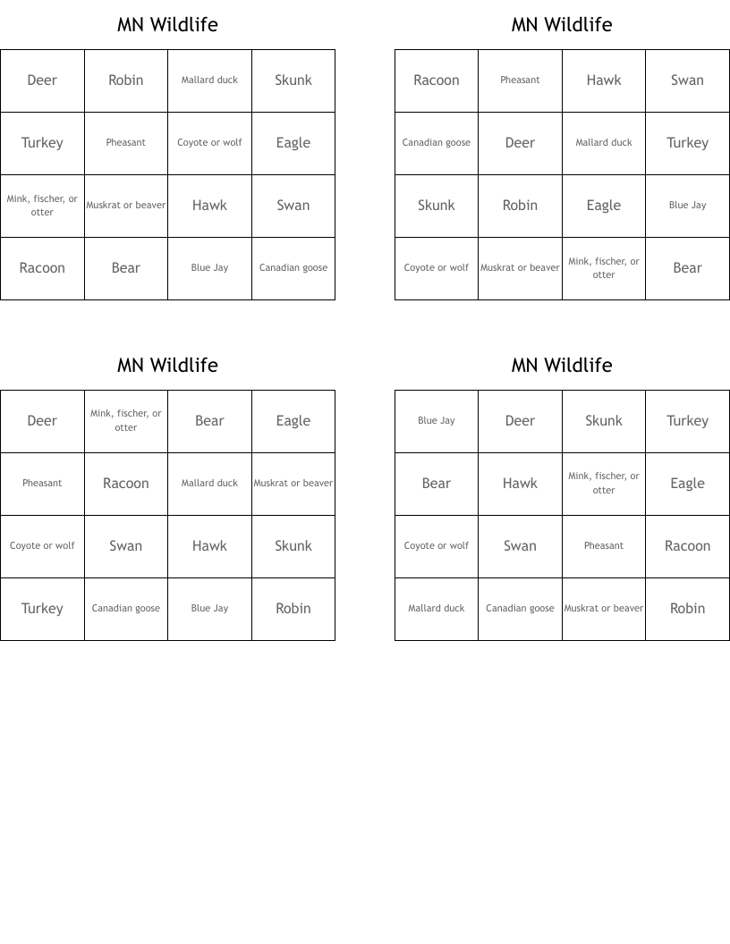 MN Wildlife Bingo Cards