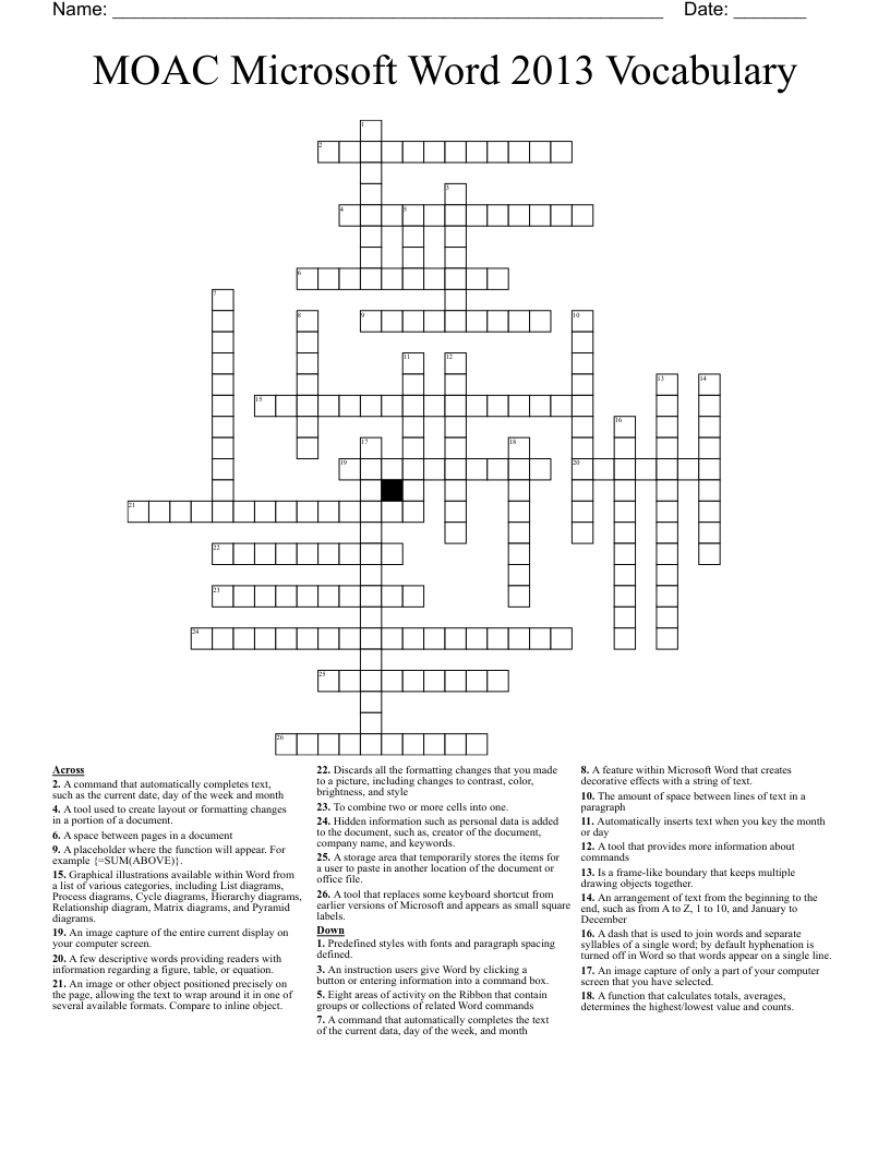 MOAC Microsoft Word 2013 Vocabulary Crossword