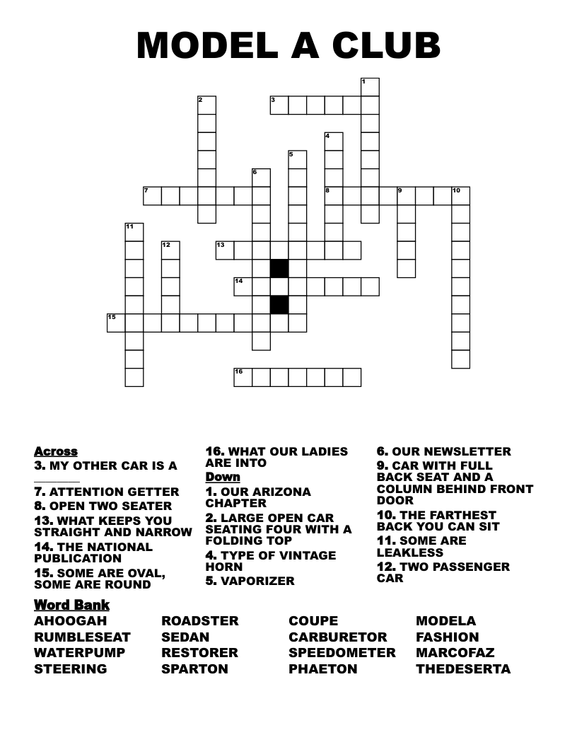 MODEL A CLUB Crossword