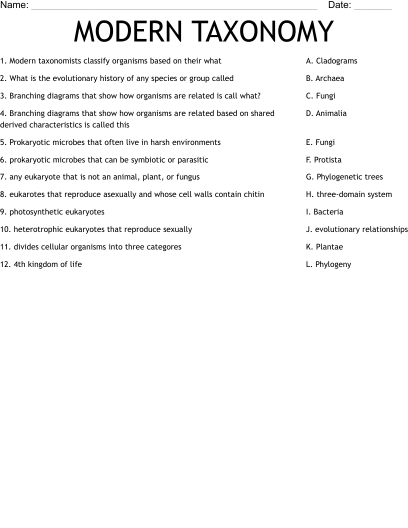 MODERN TAXONOMY Worksheet