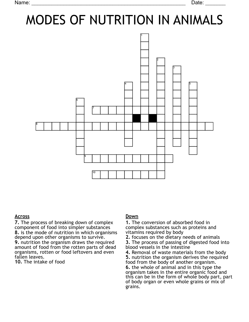 MODES OF NUTRITION IN ANIMALS Crossword