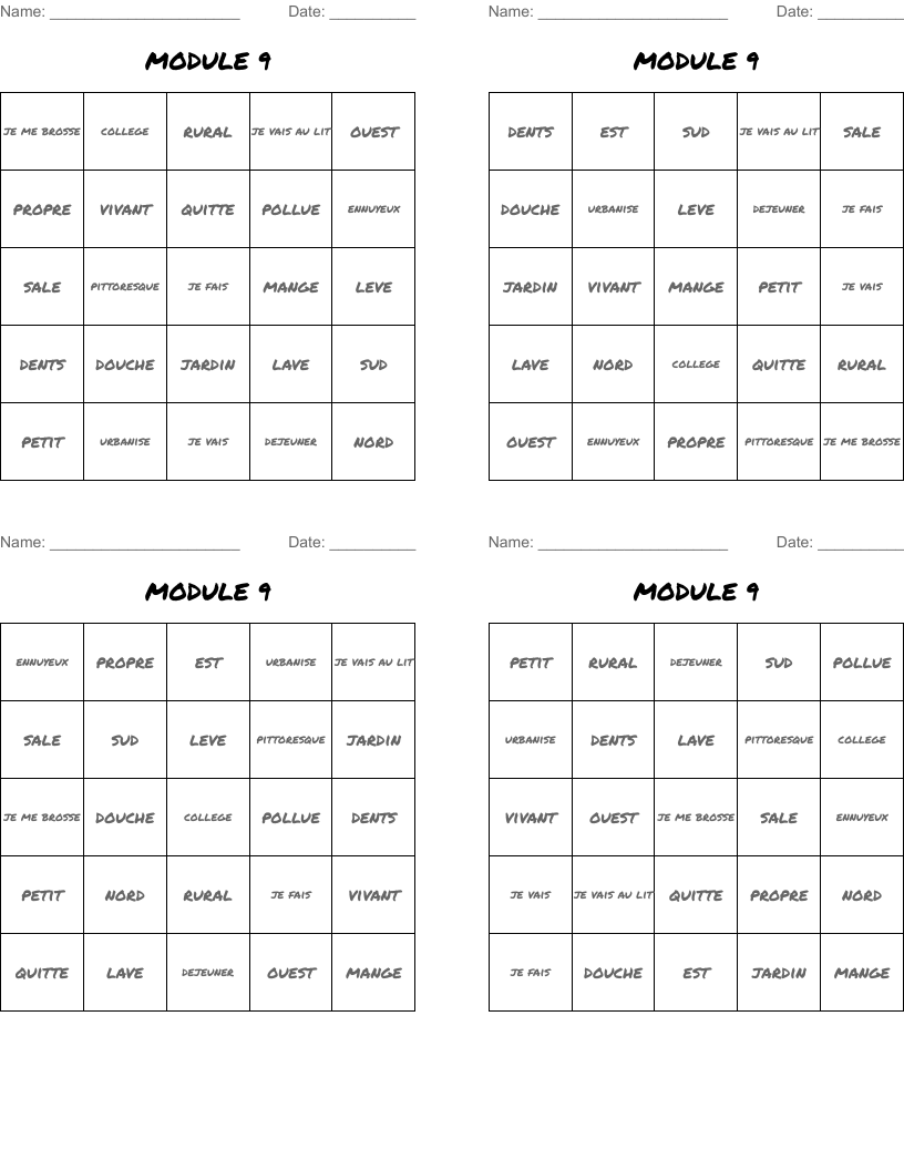 MODULE 9 Bingo Cards