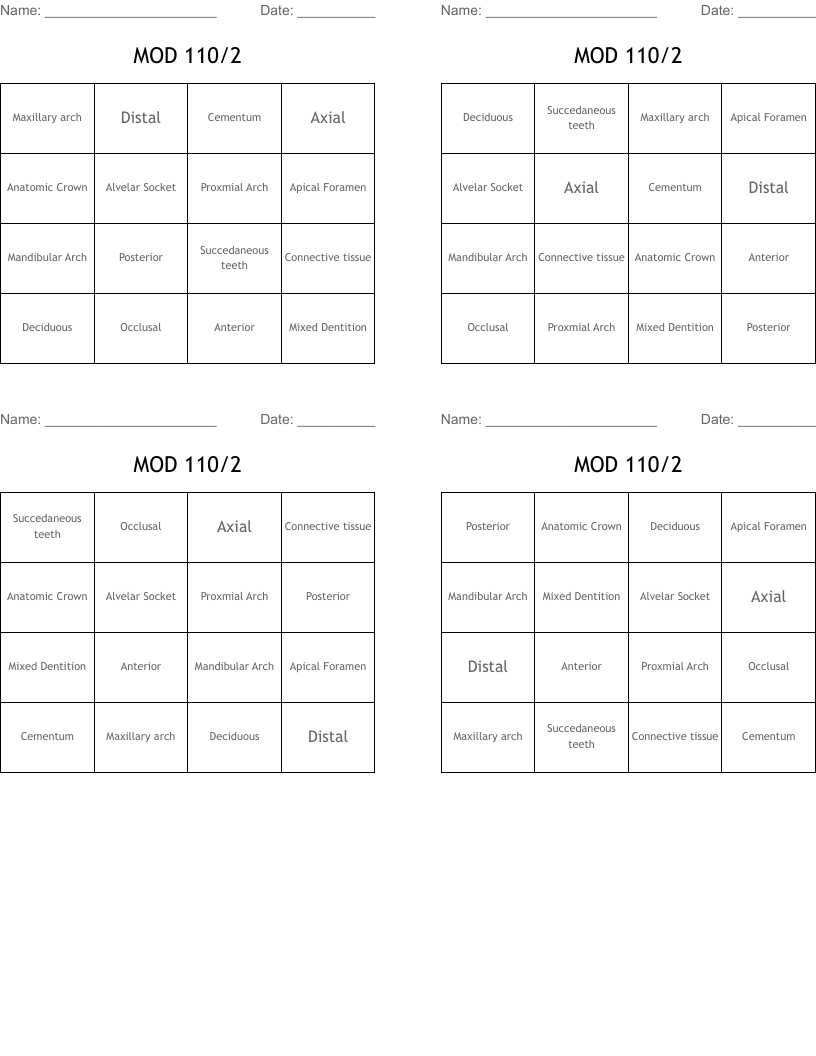 MOD 110/2 Bingo Cards