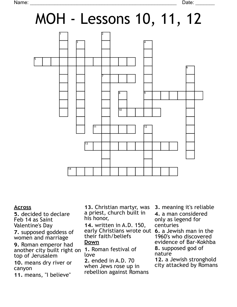 MOH - Lessons 10, 11, 12 Crossword