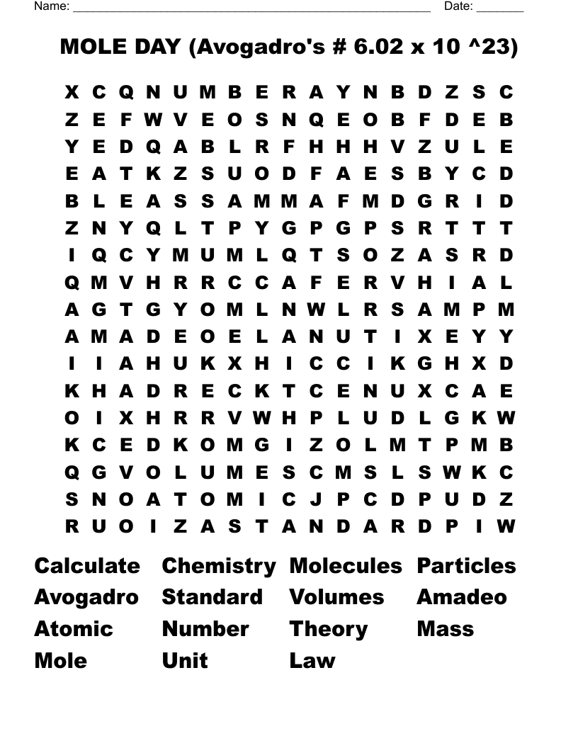 MOLE DAY (Avogadro's # 6.02 x 10 ^23) Word Search