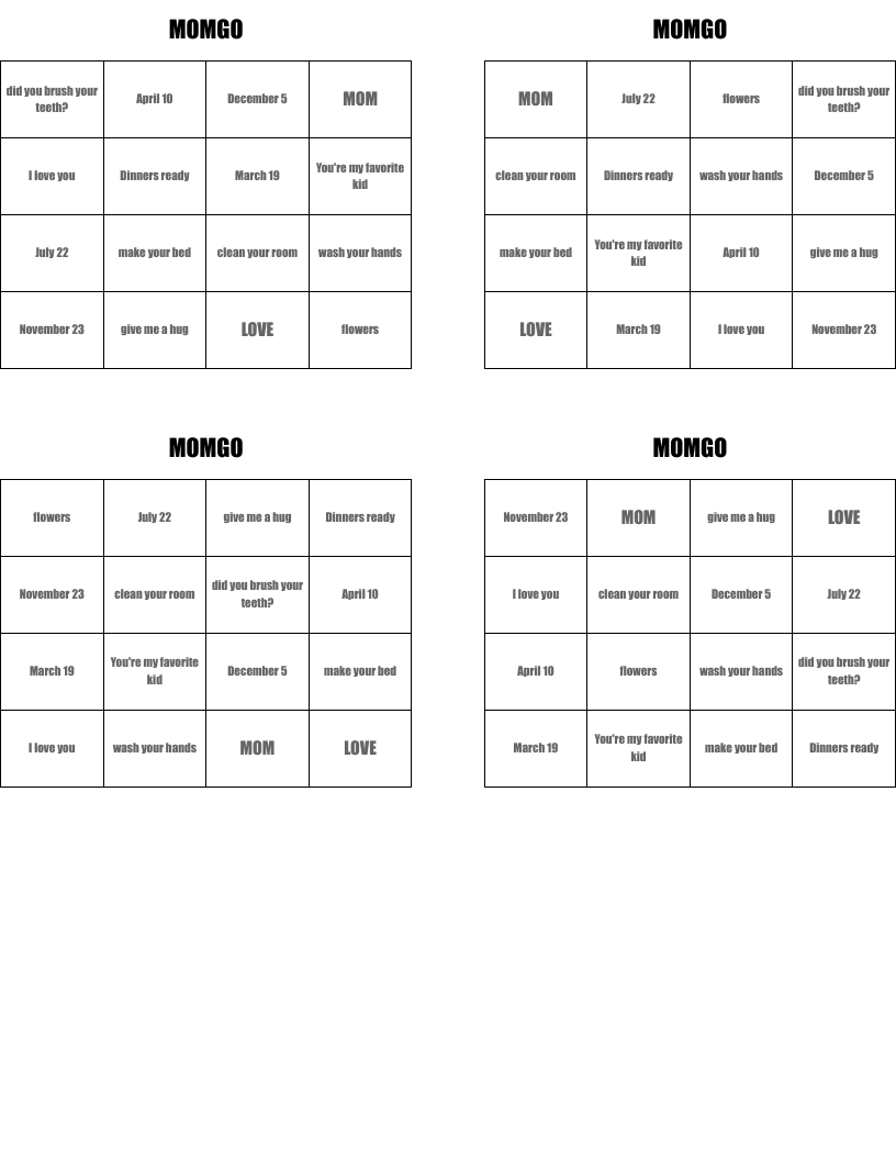 MOMGO Bingo Cards