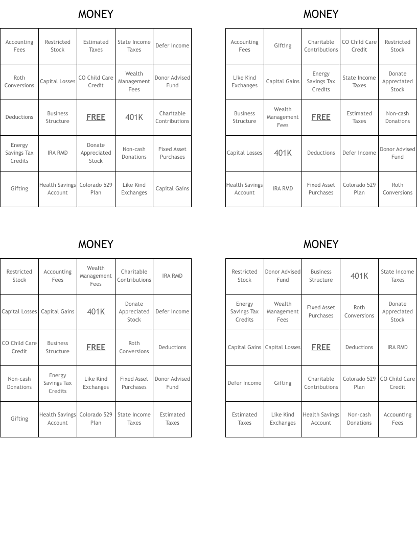 MONEY Bingo Cards