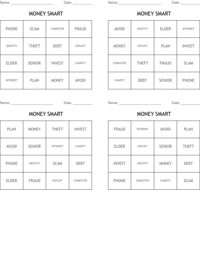 MONEY SMART Bingo Cards