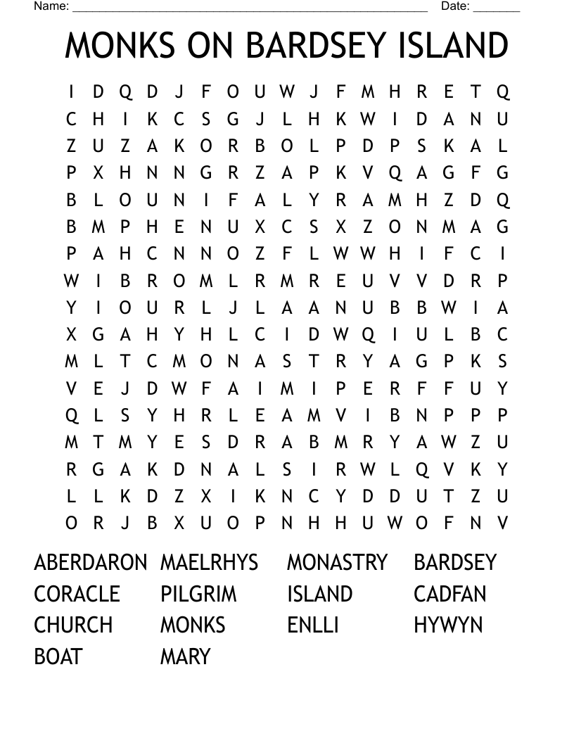 MONKS ON BARDSEY ISLAND  Word Search