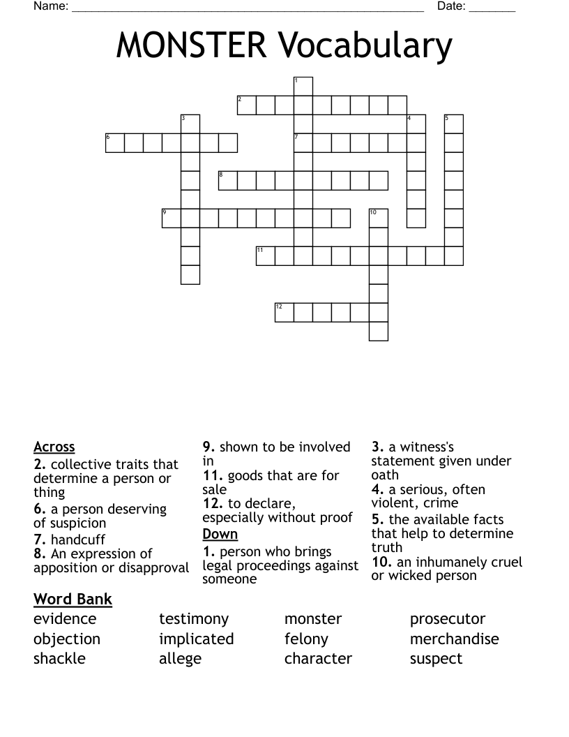 MONSTER Vocabulary Crossword