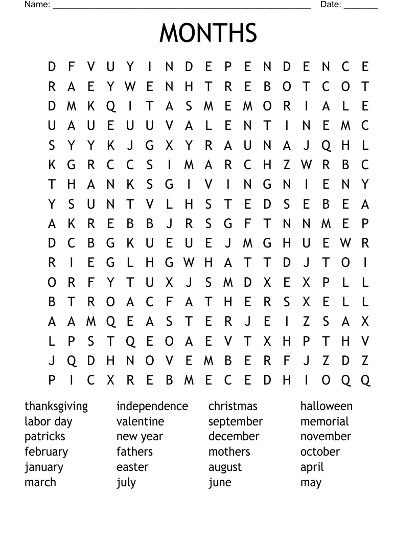 MONTHS Word Search