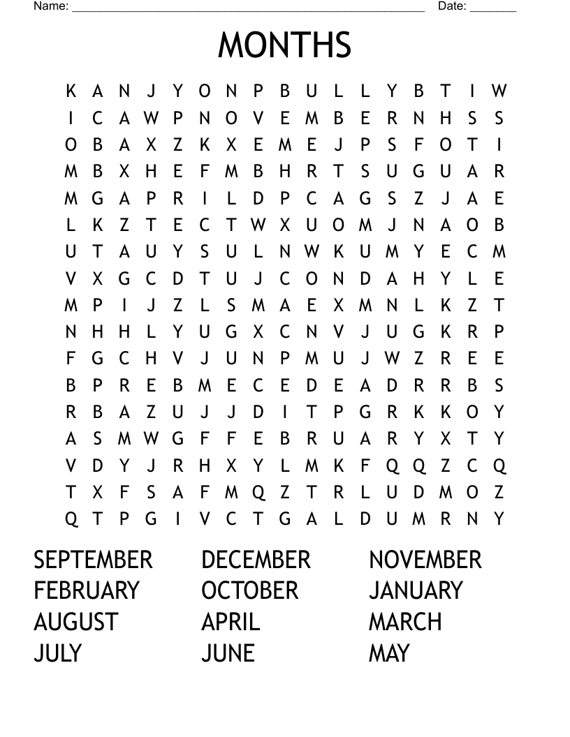 MONTHS Word Search