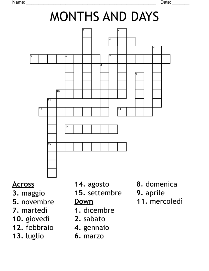 MONTHS AND DAYS Crossword