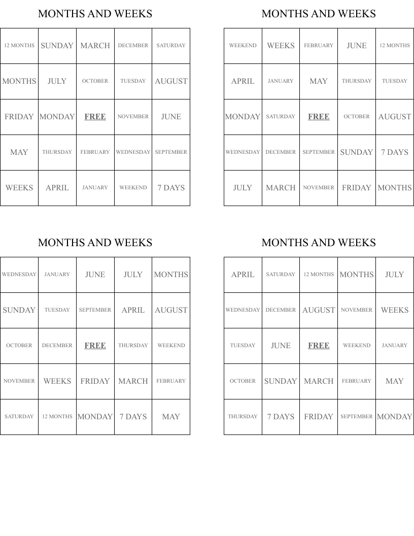 MONTHS AND WEEKS Bingo Cards