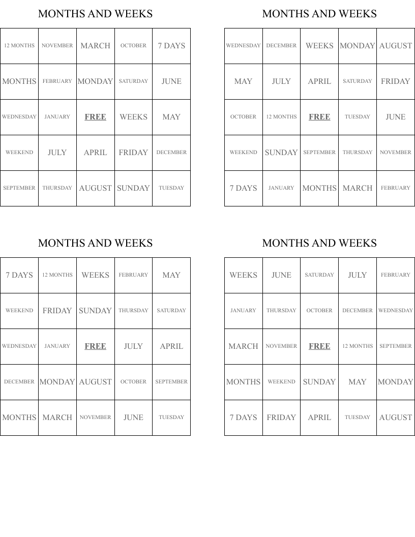 MONTHS AND WEEKS Bingo Cards