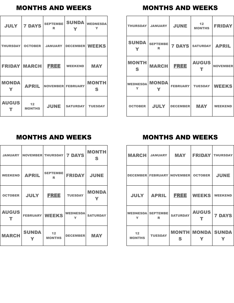 MONTHS AND WEEKS Bingo Cards