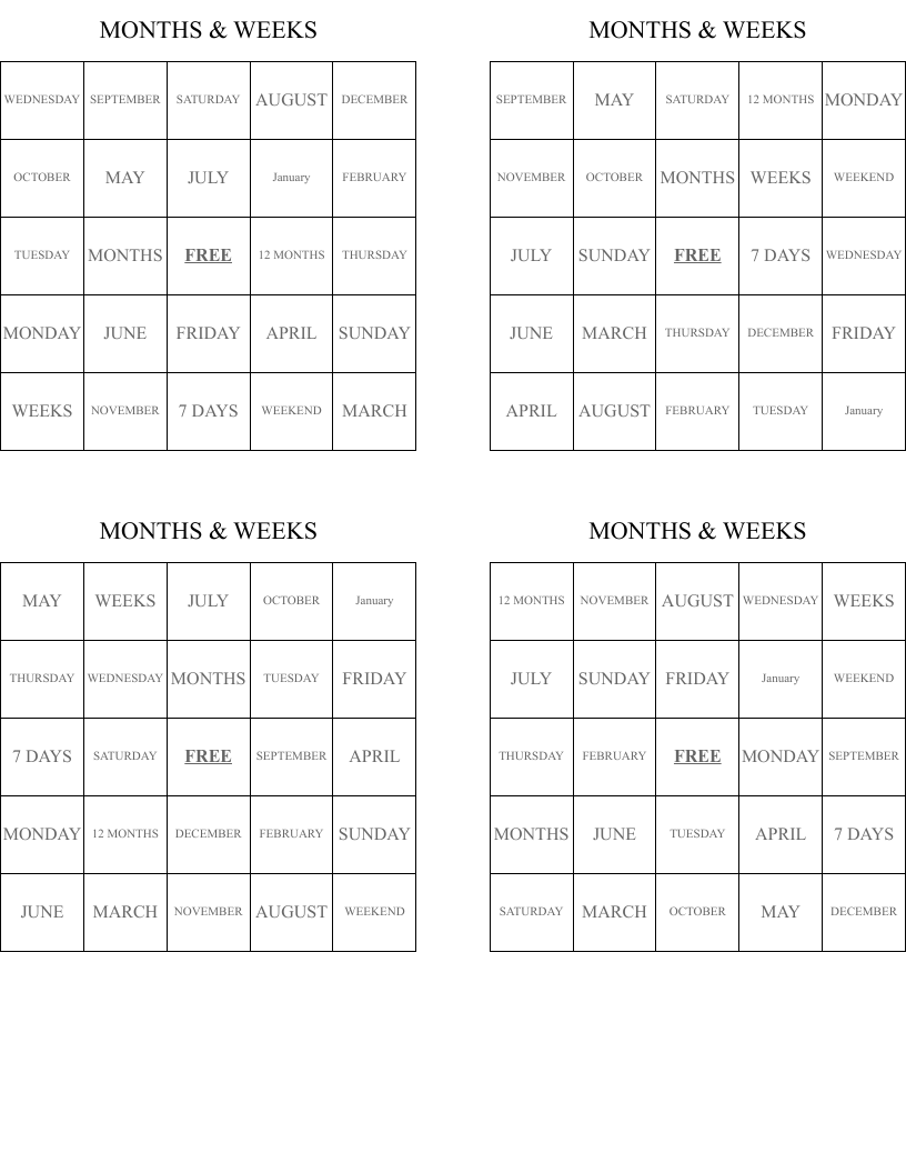MONTHS & WEEKS Bingo Cards