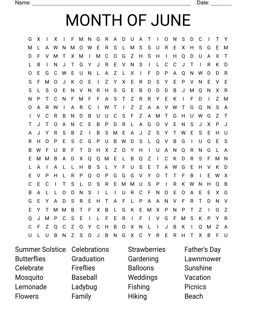 MONTH OF JUNE Word Search