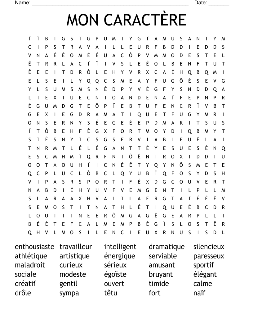 MON CARACTÈRE Word Search