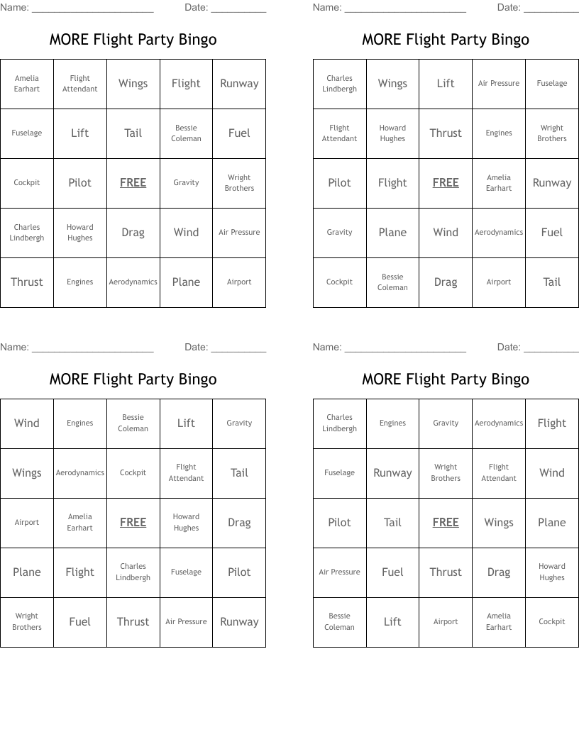 MORE Flight Party Bingo 