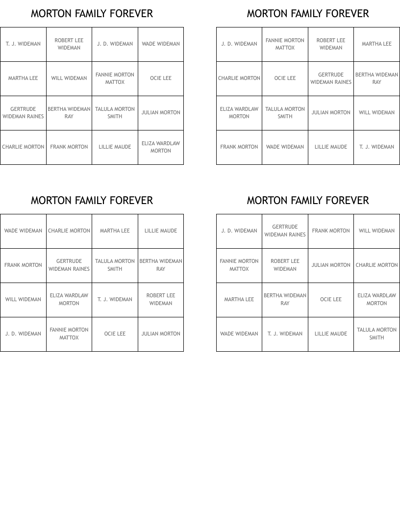 MORTON FAMILY FOREVER Bingo Cards