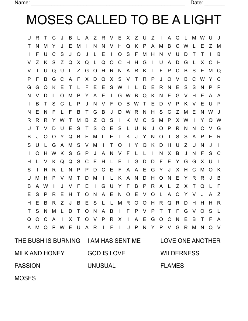 MOSES CALLED TO BE A LIGHT Word Search