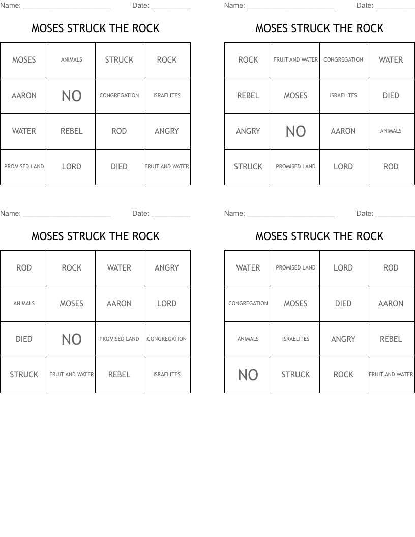 MOSES STRUCK THE ROCK Bingo Cards