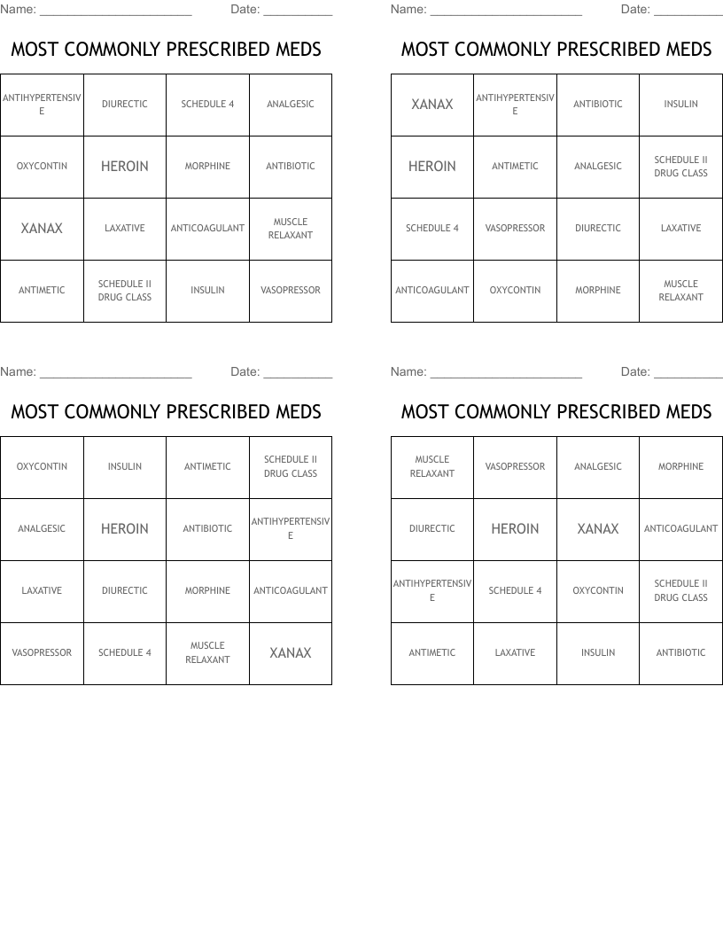 MOST COMMONLY PRESCRIBED MEDS Bingo Cards