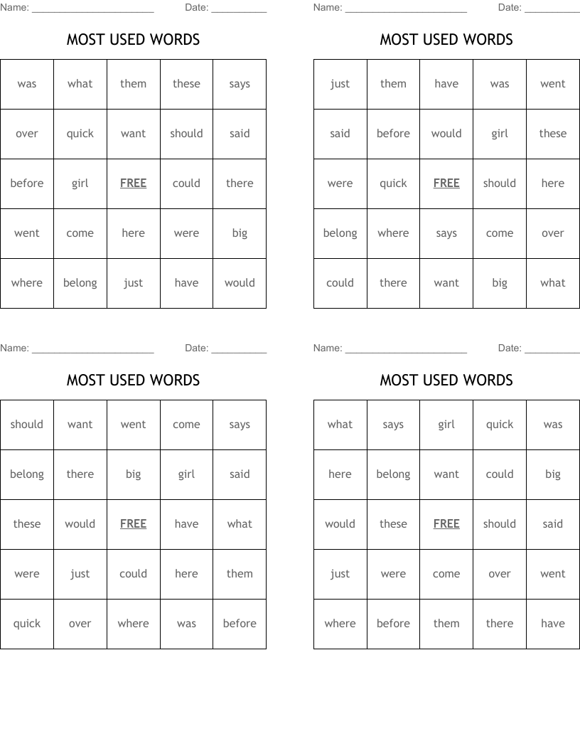 MOST USED WORDS Bingo Cards