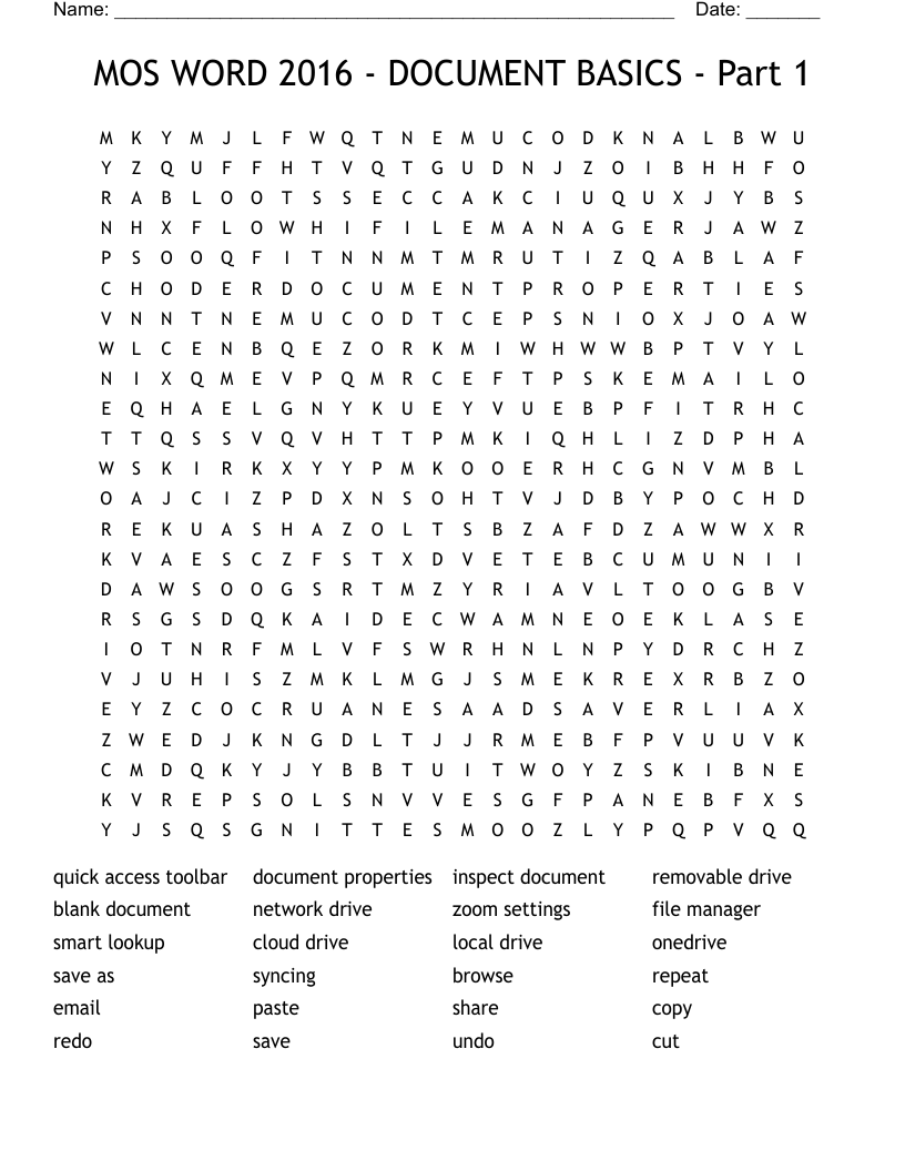 MOS WORD 2016 - DOCUMENT BASICS - Part 1 Word Search