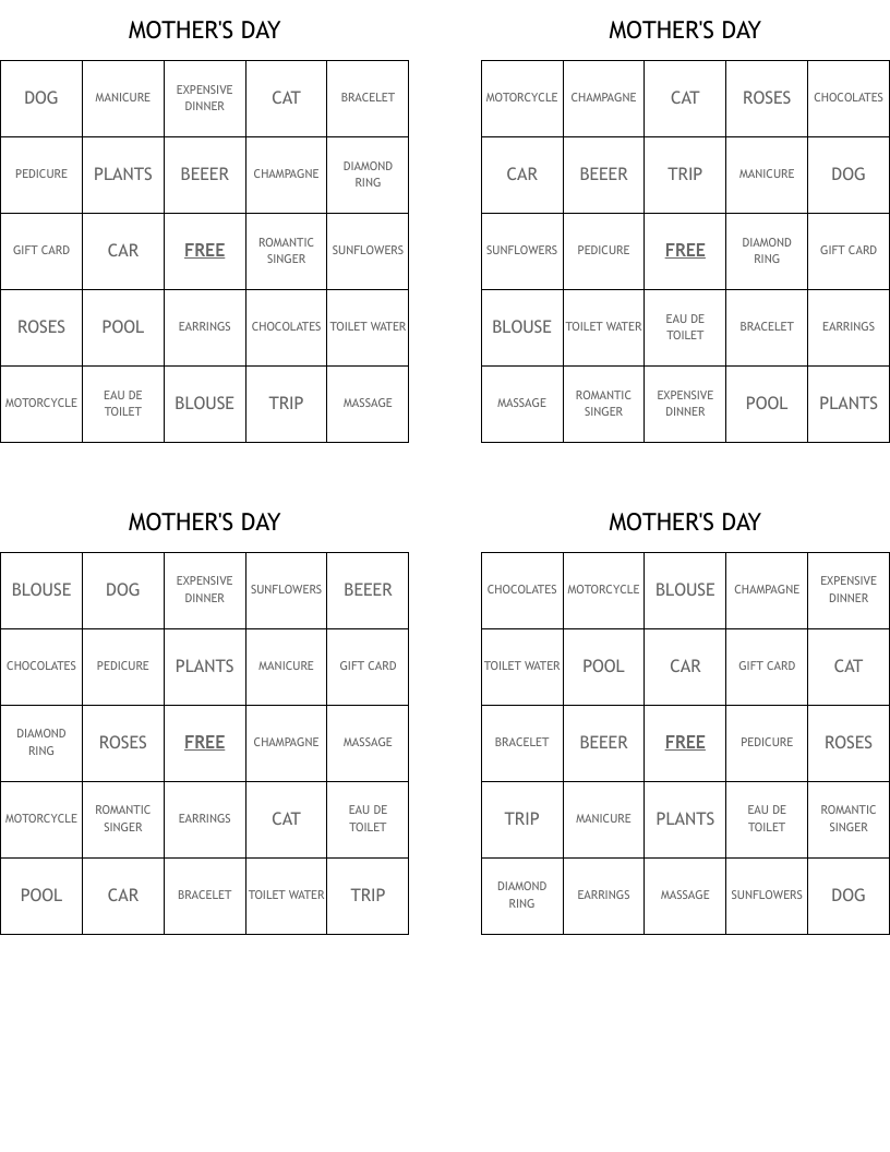 MOTHER'S DAY Bingo Cards