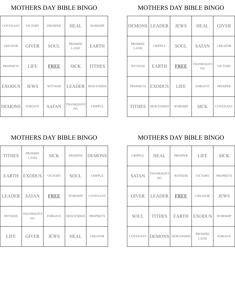 MOTHERS DAY BIBLE BINGO