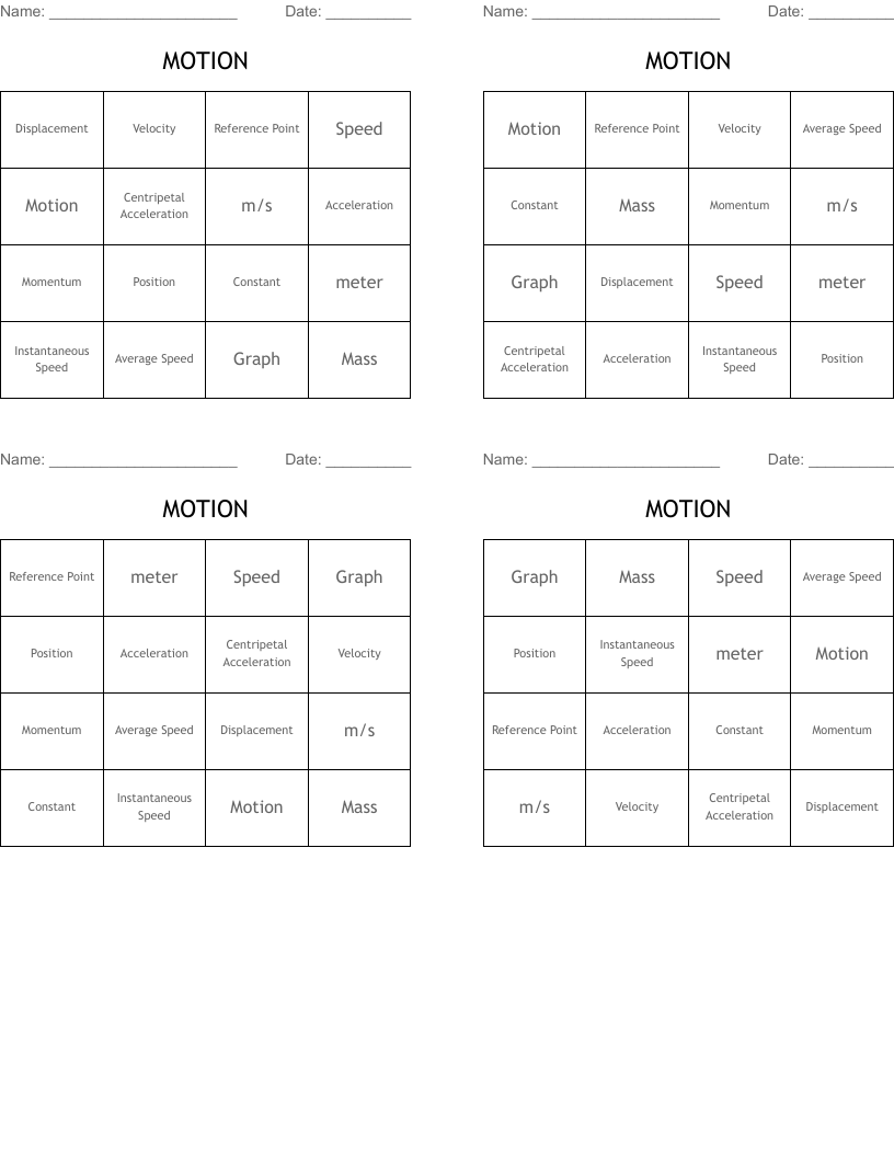 MOTION Bingo Cards
