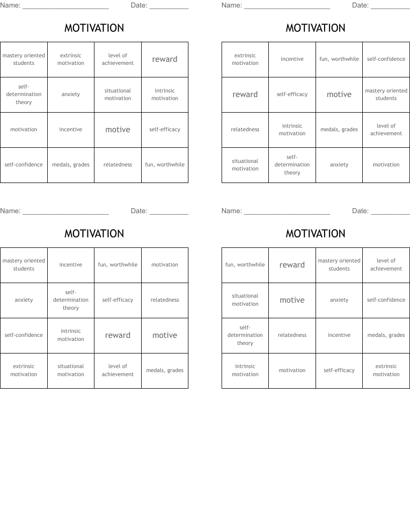 MOTIVATION Bingo Cards