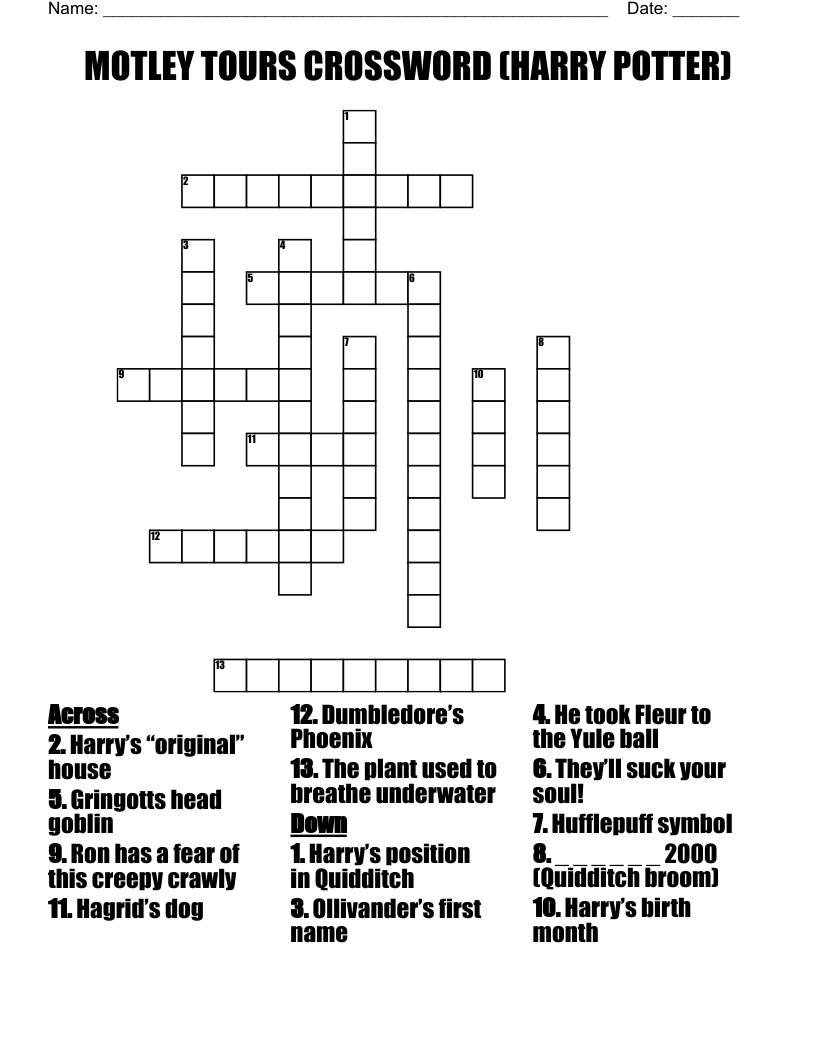 MOTLEY TOURS CROSSWORD (HARRY POTTER)