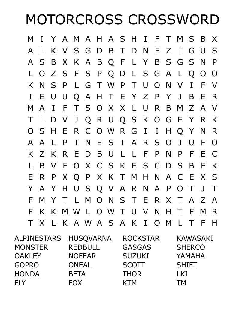 MOTORCROSS CROSSWORD Word Search