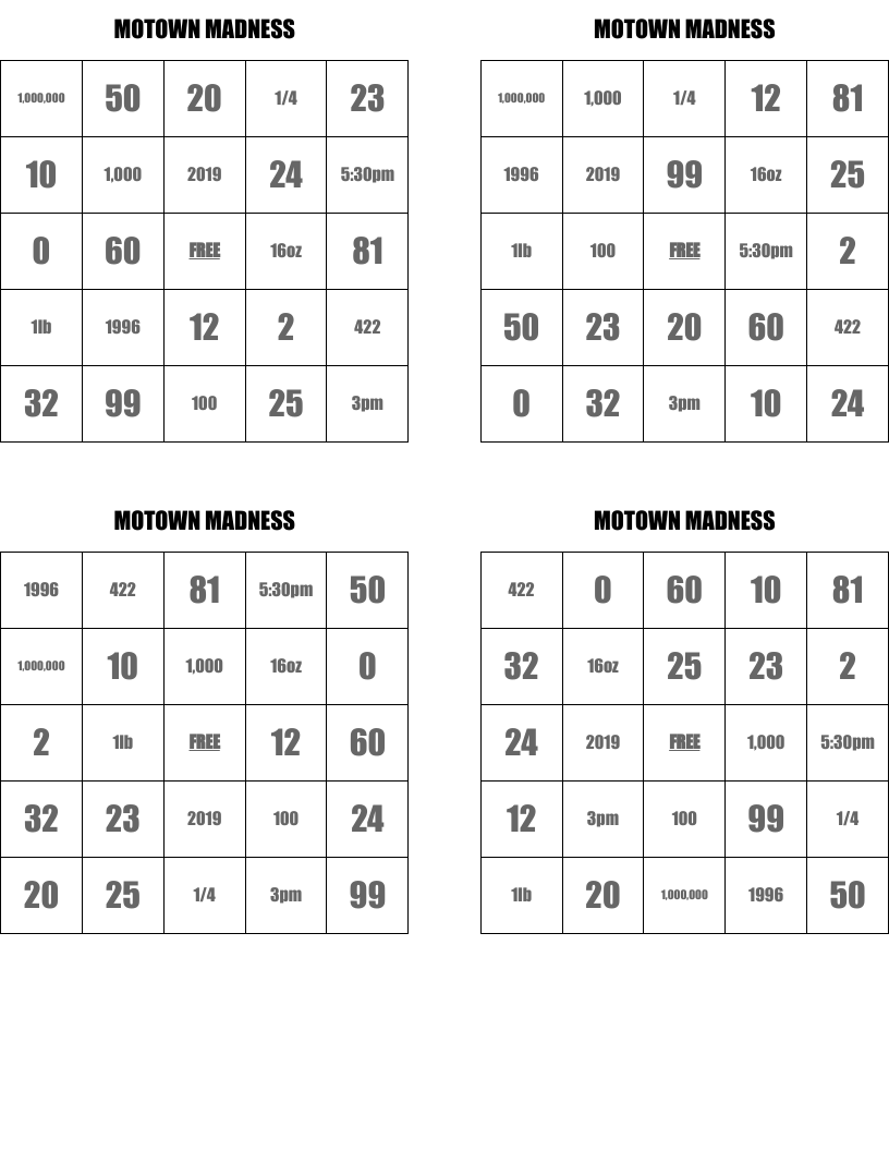 MOTOWN MADNESS Bingo Cards