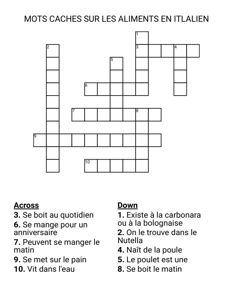 MOTS CACHES SUR LES ALIMENTS EN ITLALIEN Crossword