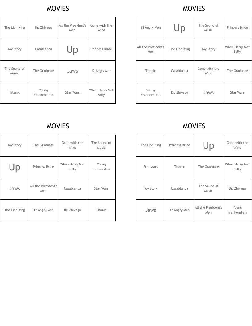 MOVIES Bingo Cards