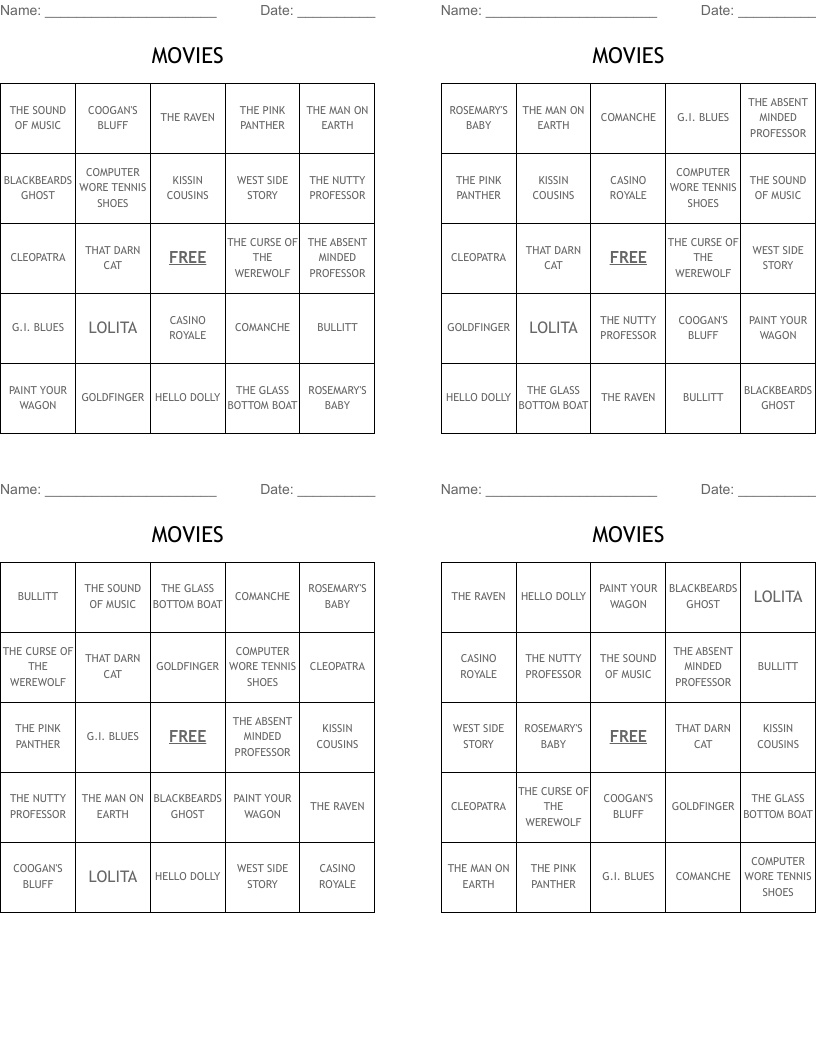 MOVIES Bingo Cards