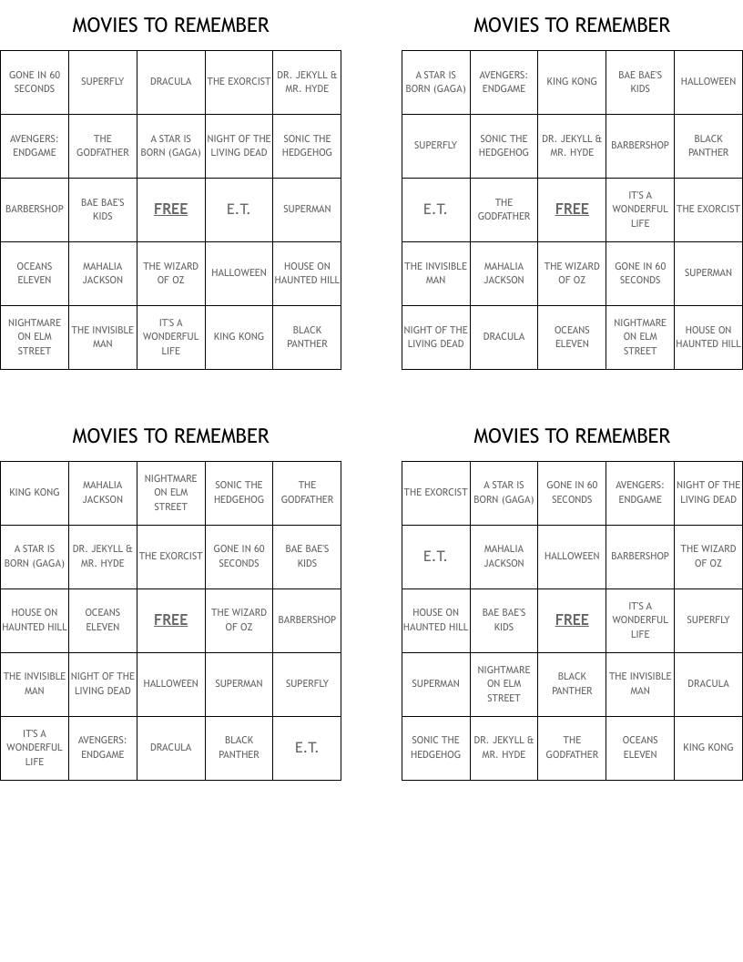 MOVIES TO REMEMBER Bingo Cards